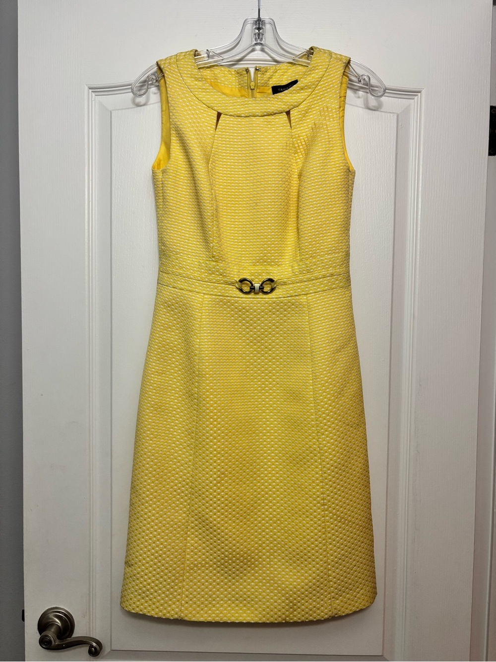 Tahari Yellow Textured Sleeveless Sheath Dress with Decorative Waist